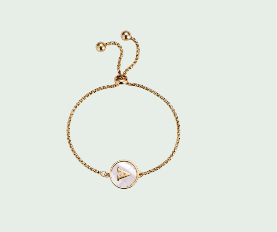 Pulsera de Inicial Oro y Tornasol Blanco Letras A a Z